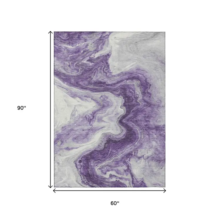 5' X 8' Purple And Silver Abstract Washable Indoor Outdoor Area Rug