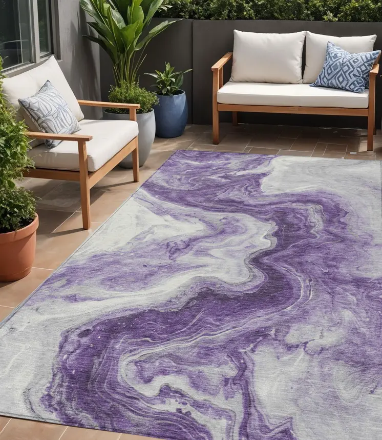 5' X 8' Purple And Silver Abstract Washable Indoor Outdoor Area Rug