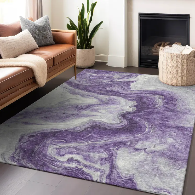 5' X 8' Purple And Silver Abstract Washable Indoor Outdoor Area Rug