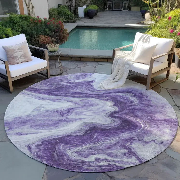 8' Purple And Silver Round Abstract Washable Indoor Outdoor Area Rug