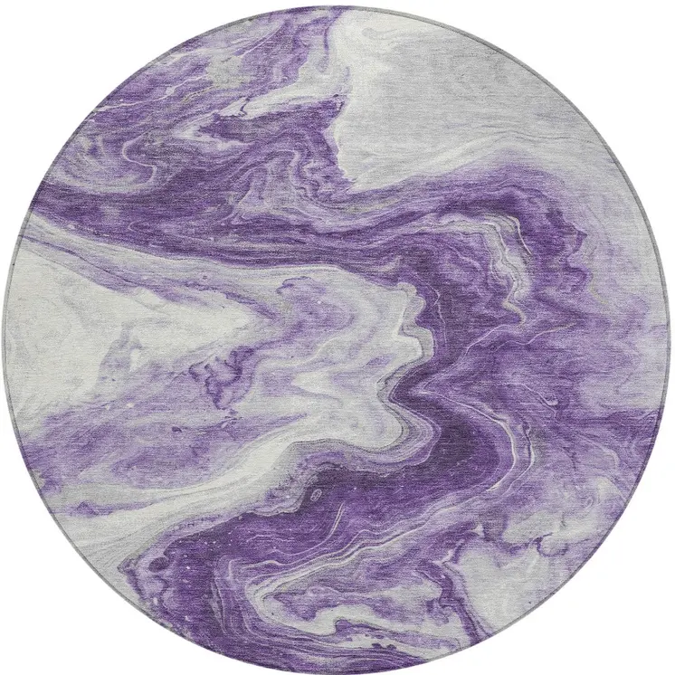 8' Purple And Silver Round Abstract Washable Indoor Outdoor Area Rug