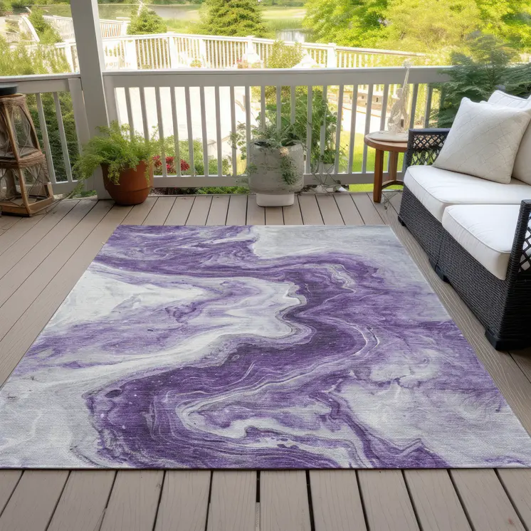 8' X 10' Purple And Silver Abstract Washable Indoor Outdoor Area Rug