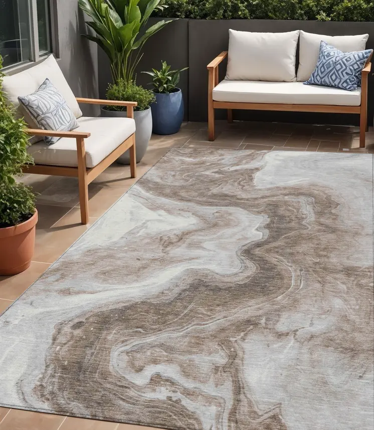 5' X 8' Taupe And Silver Abstract Washable Indoor Outdoor Area Rug