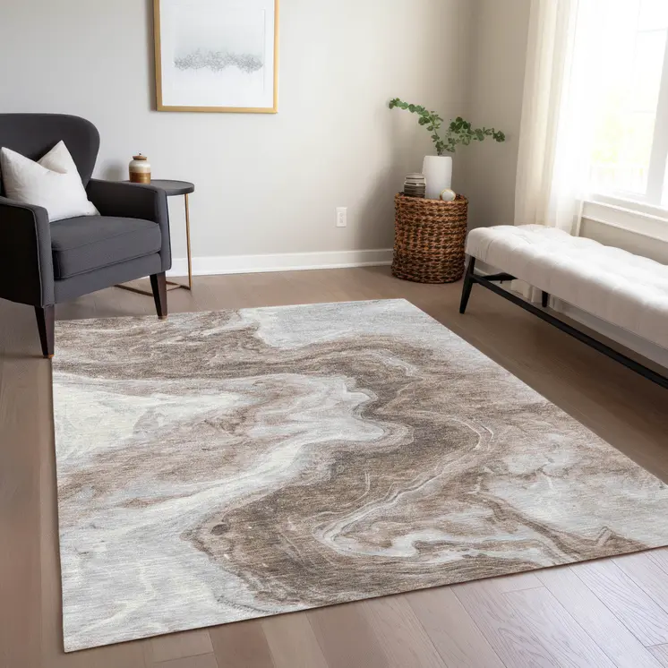 5' X 8' Taupe And Silver Abstract Washable Indoor Outdoor Area Rug