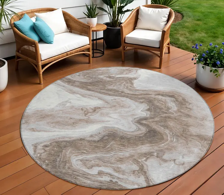 8' Taupe And Silver Round Abstract Washable Indoor Outdoor Area Rug