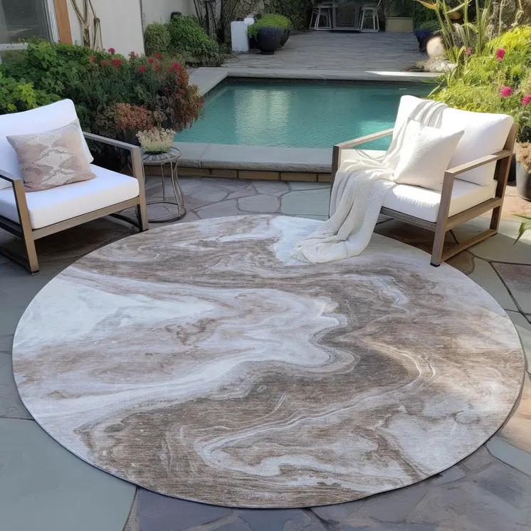 8' Taupe And Silver Round Abstract Washable Indoor Outdoor Area Rug