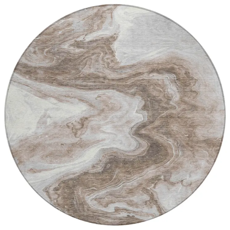 8' Taupe And Silver Round Abstract Washable Indoor Outdoor Area Rug