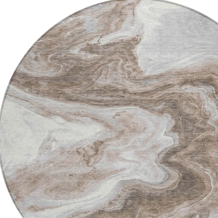 8' Taupe And Silver Round Abstract Washable Indoor Outdoor Area Rug