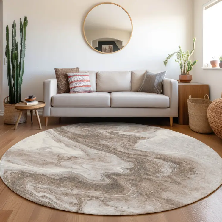 8' Taupe And Silver Round Abstract Washable Indoor Outdoor Area Rug