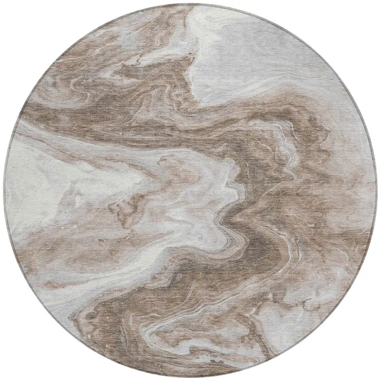 8' Taupe And Silver Round Abstract Washable Indoor Outdoor Area Rug