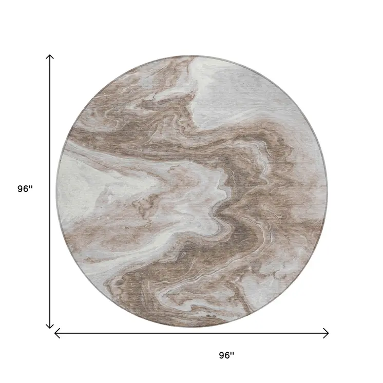 8' Taupe And Silver Round Abstract Washable Indoor Outdoor Area Rug