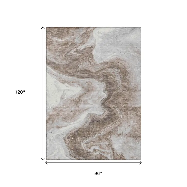 8' X 10' Taupe And Silver Abstract Washable Indoor Outdoor Area Rug