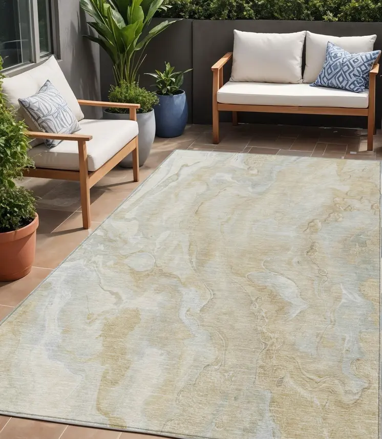 5' X 8' Beige And Silver Abstract Washable Indoor Outdoor Area Rug