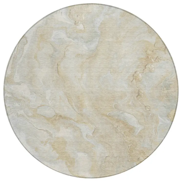 8' Beige And Silver Round Abstract Washable Indoor Outdoor Area Rug