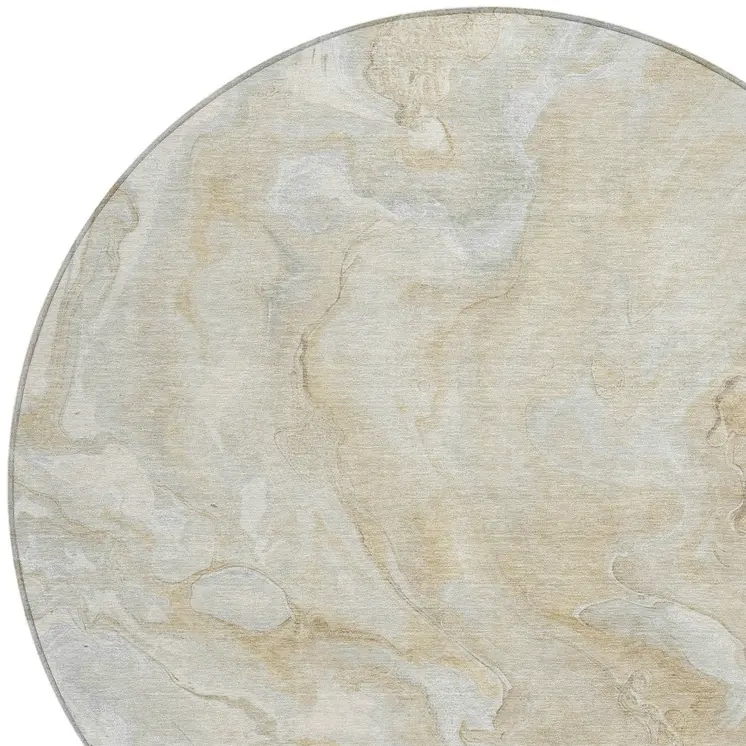 8' Beige And Silver Round Abstract Washable Indoor Outdoor Area Rug