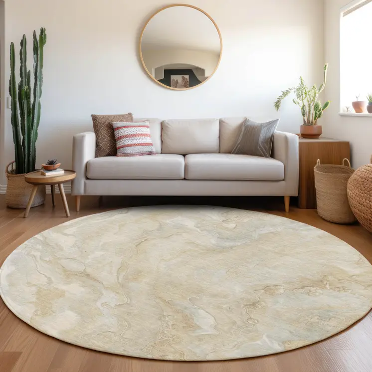 8' Beige And Silver Round Abstract Washable Indoor Outdoor Area Rug