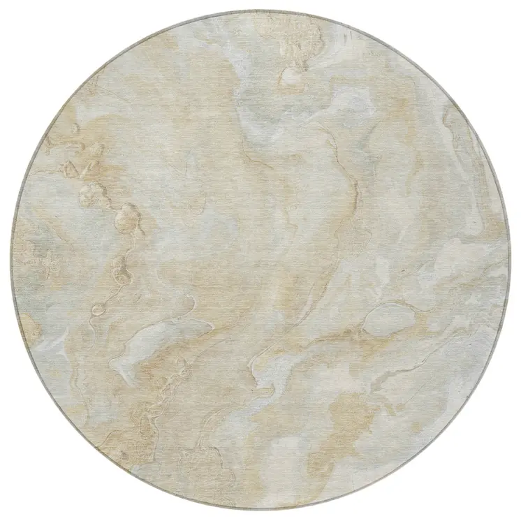 8' Beige And Silver Round Abstract Washable Indoor Outdoor Area Rug