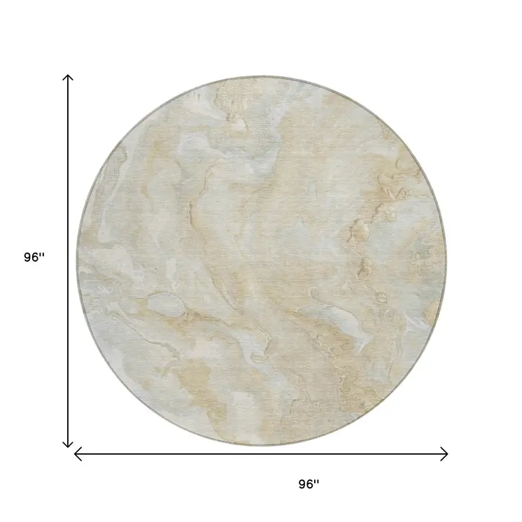 8' Beige And Silver Round Abstract Washable Indoor Outdoor Area Rug