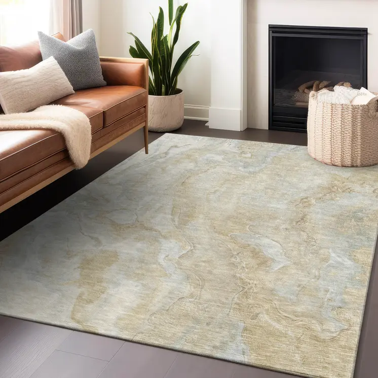 8' X 10' Beige And Silver Abstract Washable Indoor Outdoor Area Rug