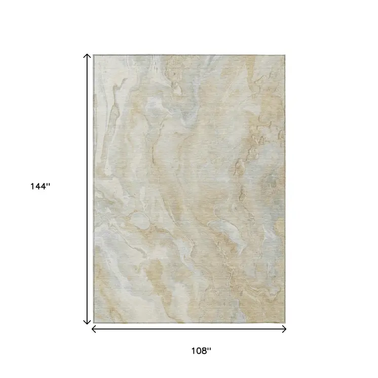 9' X 12' Beige And Silver Abstract Washable Indoor Outdoor Area Rug
