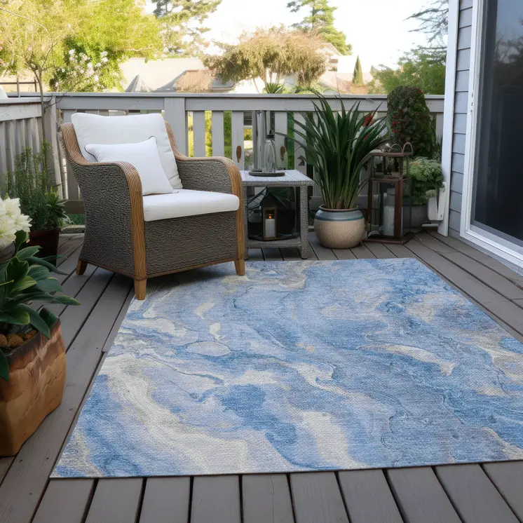 3' X 5' Blue And Silver Abstract Washable Indoor Outdoor Area Rug
