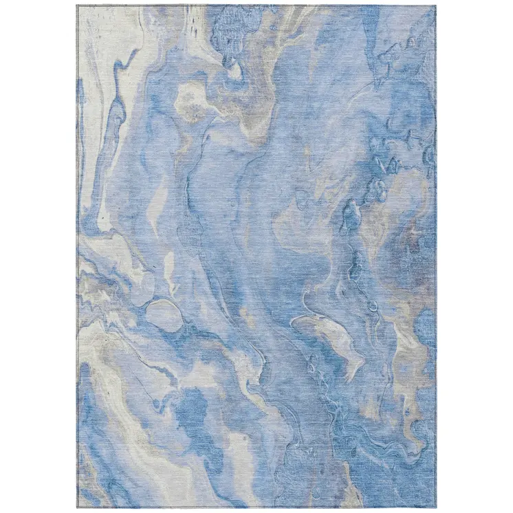 5' X 8' Blue And Silver Abstract Washable Indoor Outdoor Area Rug