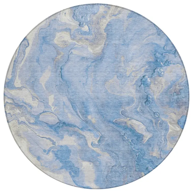 8' Blue And Silver Round Abstract Washable Indoor Outdoor Area Rug