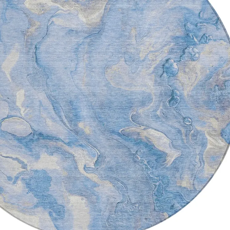 8' Blue And Silver Round Abstract Washable Indoor Outdoor Area Rug