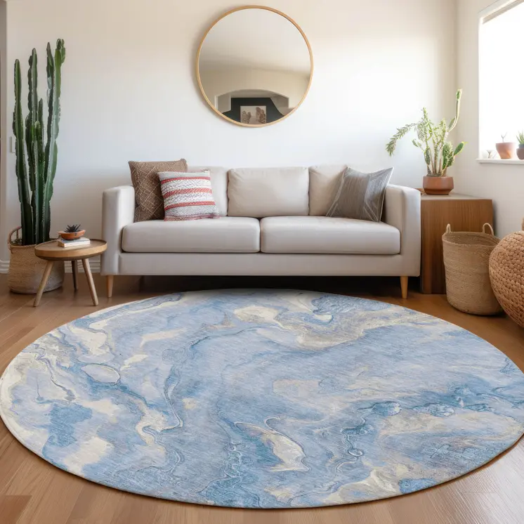 8' Blue And Silver Round Abstract Washable Indoor Outdoor Area Rug