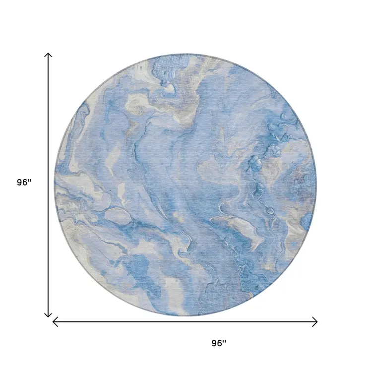 8' Blue And Silver Round Abstract Washable Indoor Outdoor Area Rug