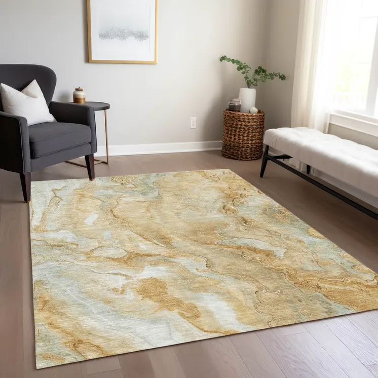 10' X 14' Gold And Silver Abstract Washable Indoor Outdoor Area Rug