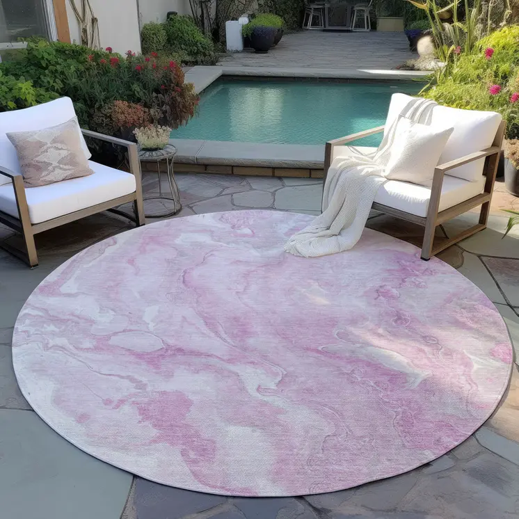 8' Pink And Silver Round Abstract Washable Indoor Outdoor Area Rug