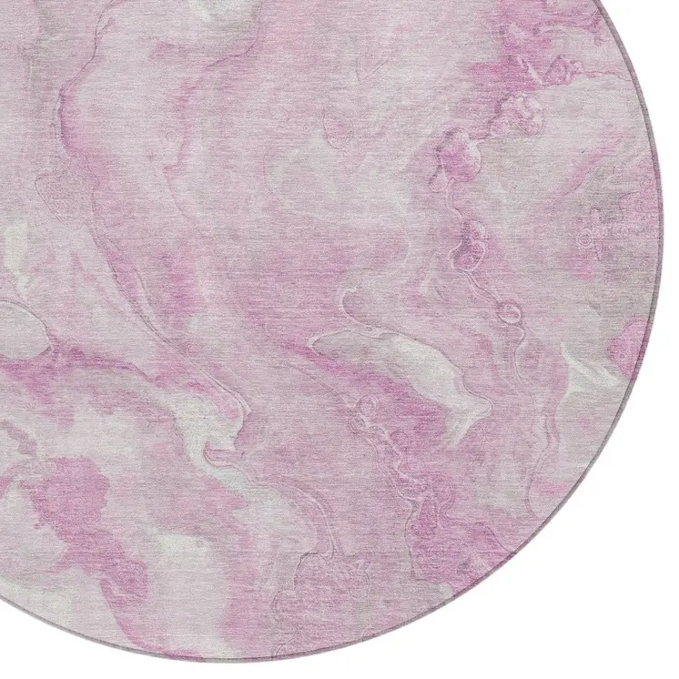 8' Pink And Silver Round Abstract Washable Indoor Outdoor Area Rug