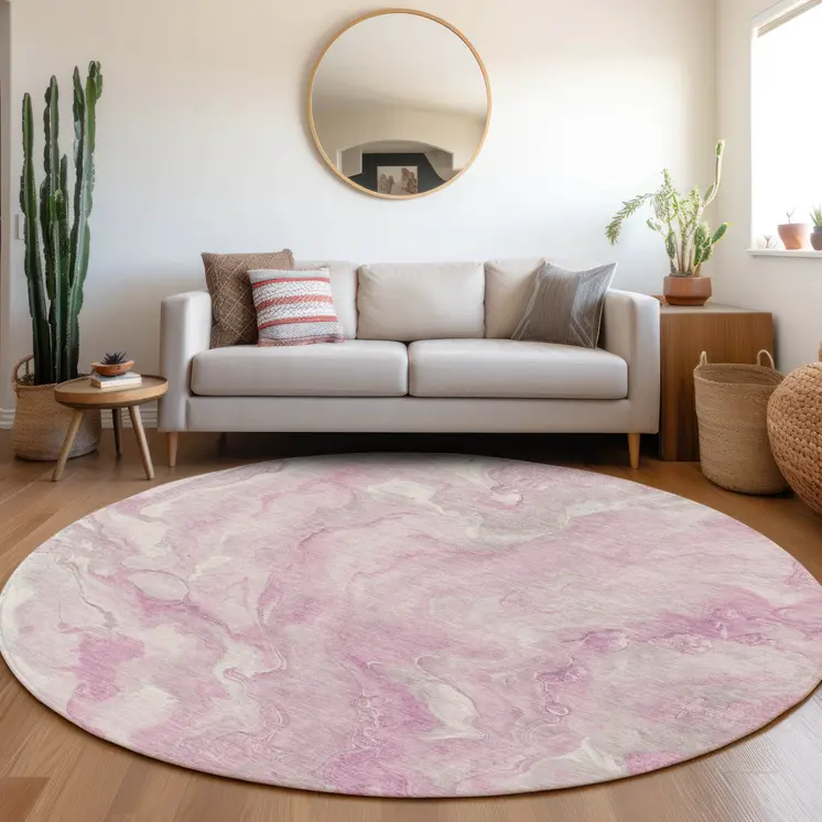 8' Pink And Silver Round Abstract Washable Indoor Outdoor Area Rug