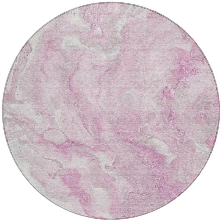 8' Pink And Silver Round Abstract Washable Indoor Outdoor Area Rug