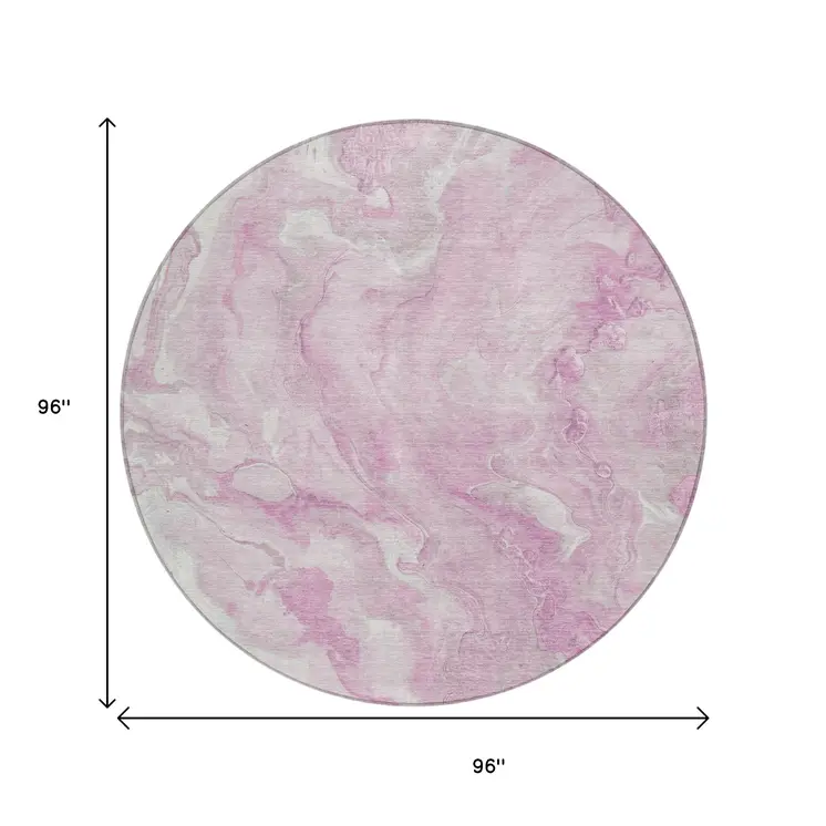 8' Pink And Silver Round Abstract Washable Indoor Outdoor Area Rug