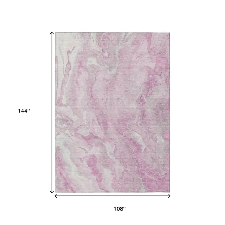 9' X 12' Pink And Silver Abstract Washable Indoor Outdoor Area Rug