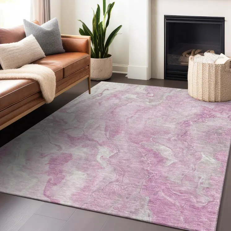 9' X 12' Pink And Silver Abstract Washable Indoor Outdoor Area Rug