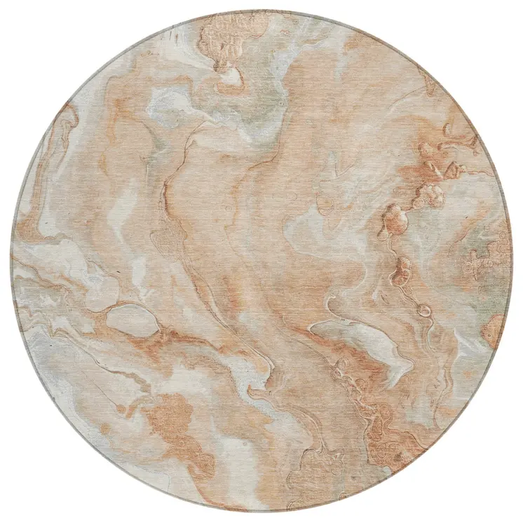 8' Salmon And Silver Round Abstract Washable Indoor Outdoor Area Rug