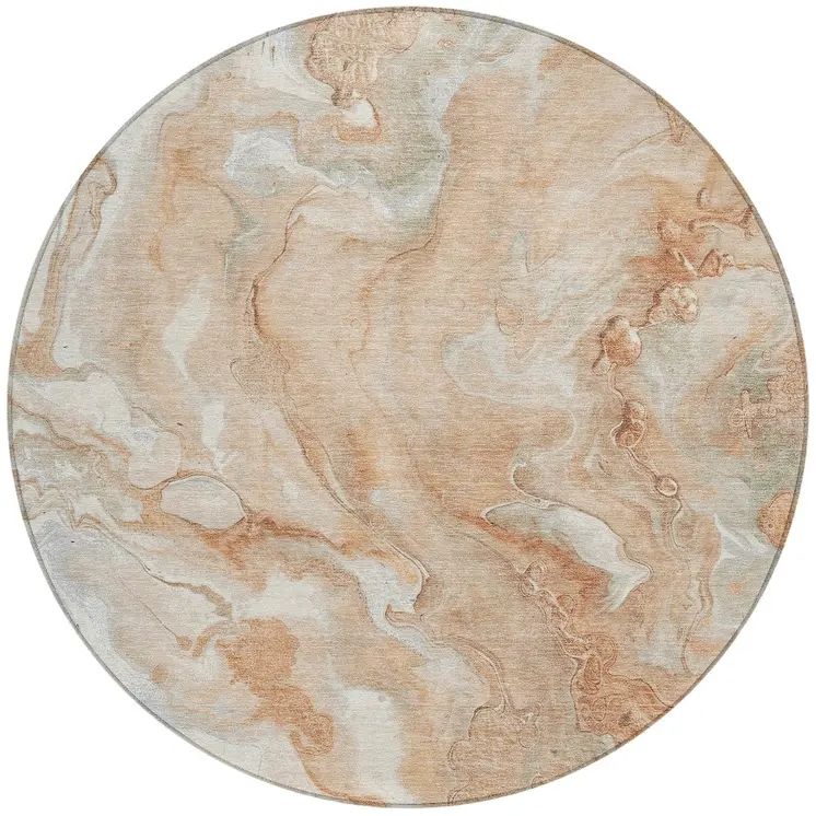 8' Salmon And Silver Round Abstract Washable Indoor Outdoor Area Rug
