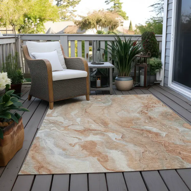 9' X 12' Salmon And Silver Abstract Washable Indoor Outdoor Area Rug
