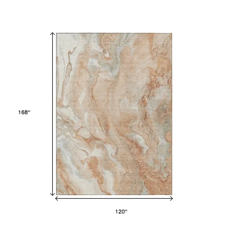 10' X 14' Salmon And Silver Abstract Washable Indoor Outdoor Area Rug