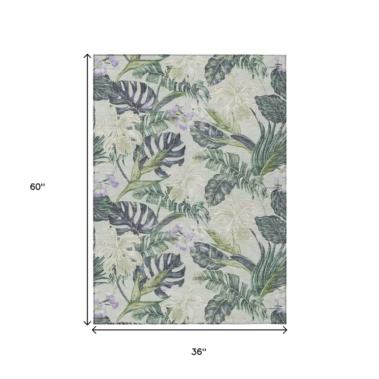 3' X 5' Artichoke Green Lavender And Ivory Botanical Leaves Washable Indoor Outdoor Area Rug