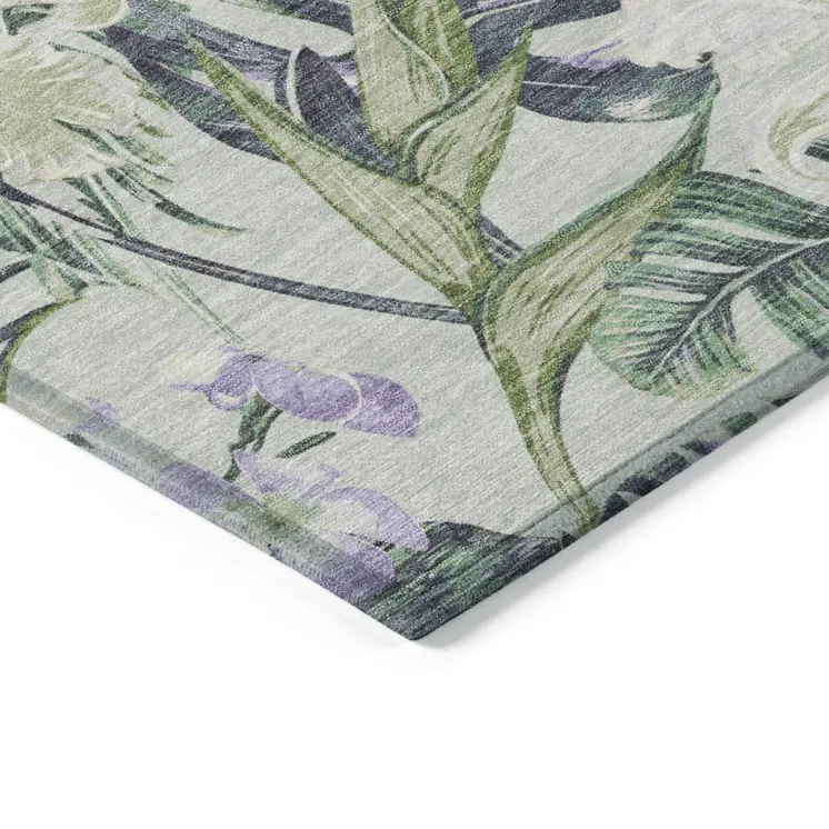 3' X 5' Artichoke Green Lavender And Ivory Botanical Leaves Washable Indoor Outdoor Area Rug