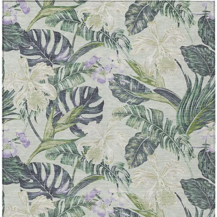 3' X 5' Artichoke Green Lavender And Ivory Botanical Leaves Washable Indoor Outdoor Area Rug