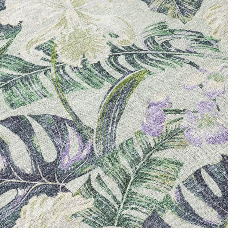 3' X 5' Artichoke Green Lavender And Ivory Botanical Leaves Washable Indoor Outdoor Area Rug