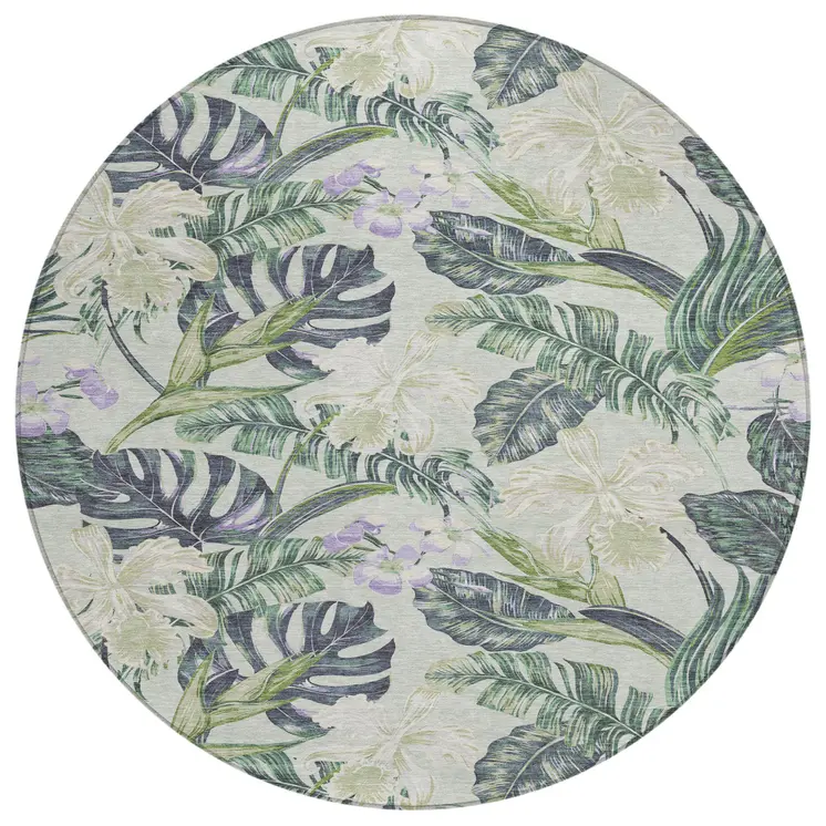 8' Artichoke Green Lavender And Ivory Round Botanical Leaves Washable Indoor Outdoor Area Rug