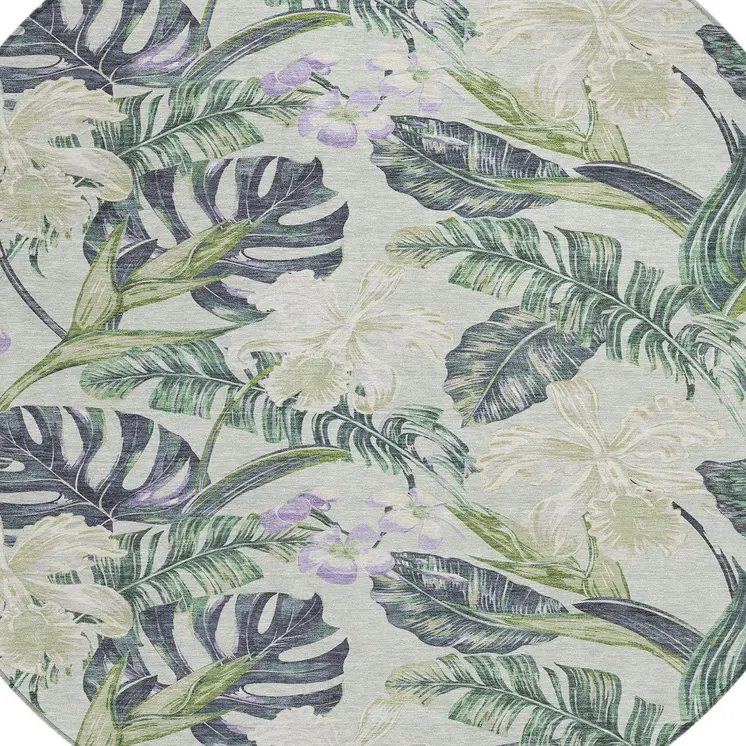8' Artichoke Green Lavender And Ivory Round Botanical Leaves Washable Indoor Outdoor Area Rug