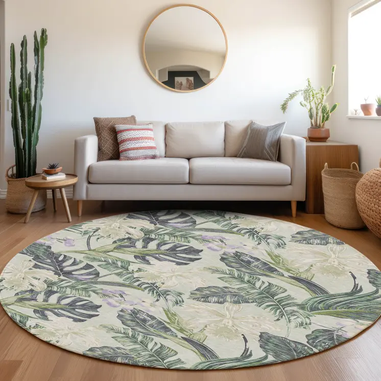 8' Artichoke Green Lavender And Ivory Round Botanical Leaves Washable Indoor Outdoor Area Rug