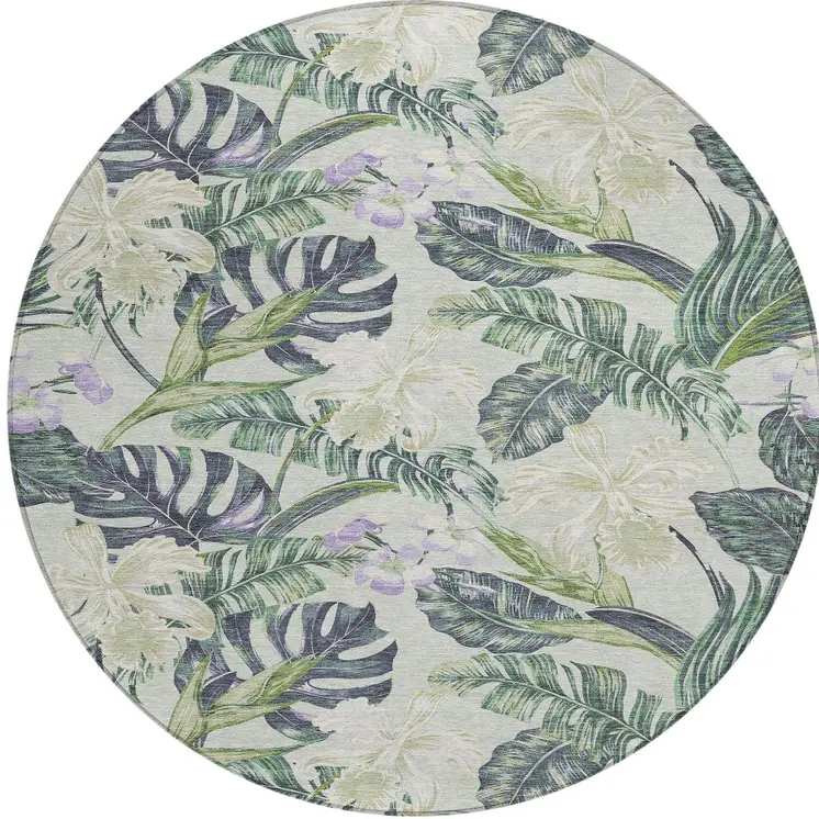 8' Artichoke Green Lavender And Ivory Round Botanical Leaves Washable Indoor Outdoor Area Rug